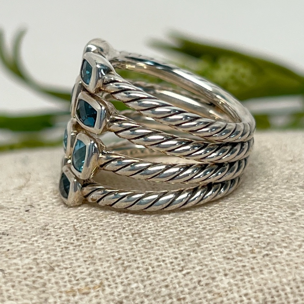 David Yurman 5 Row Confetti Ring Blue/Hampton Blue Topaz .925 Sterling Silver - Picture 3 of 9